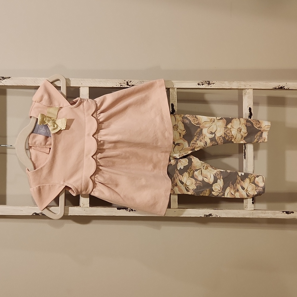 Tahari Pink Top with Floral and Gold Leggings Outfit 18 Months